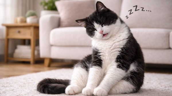 リビングで座ったまま舟をこぐように居眠りしている白黒猫の、思わず微笑んでしまう寝姿