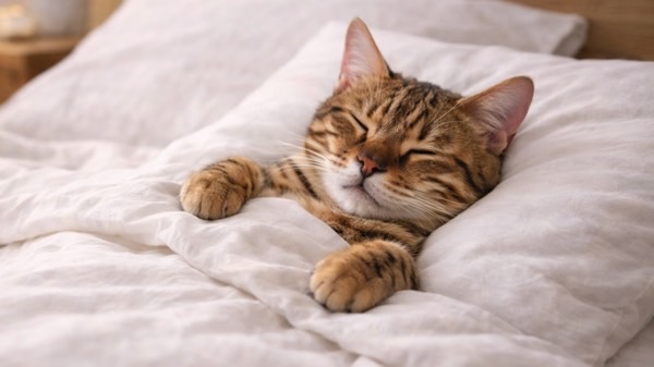 ベッドで布団を使い、安心しきった表情でぐっすり眠るキジトラ猫のリラックスした寝姿