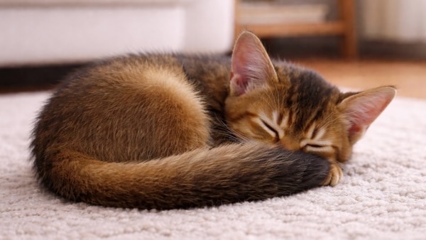 カーペットの上で鼻先を尻尾で隠すようにしてて丸まって眠る茶色の子猫