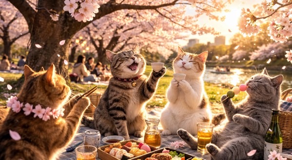 春の桜の下でお花見を楽しむ猫たちのにぎやかな様子