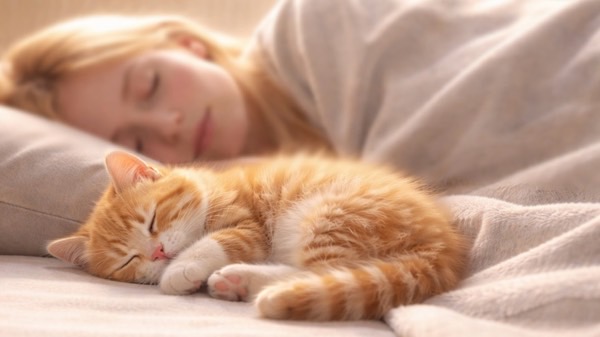 ベッドの上で飼い主のそばに丸くなって静かに眠る茶トラ猫