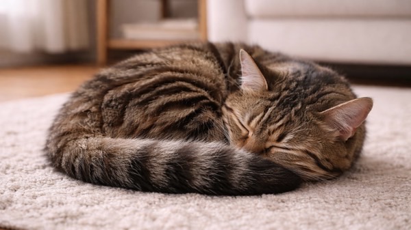 カーペットの上で体を丸く縮め、尻尾を体に巻きつけて安心して眠るキジトラ猫