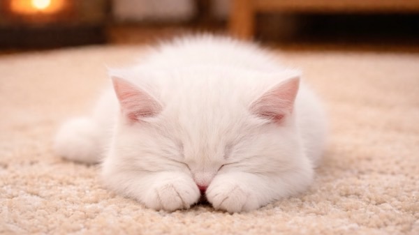 白い子猫がカーペットの上で前足をそろえ、顔をぺたっと伏せた「ごめん寝」をして眠っている様子