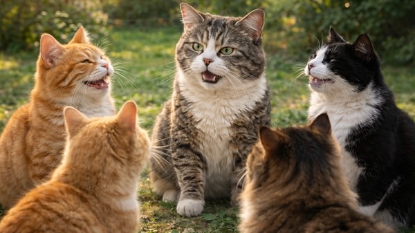 外で円になって集まり、まるで会議をしているように鳴き交わす複数の猫たちの猫集会の様子