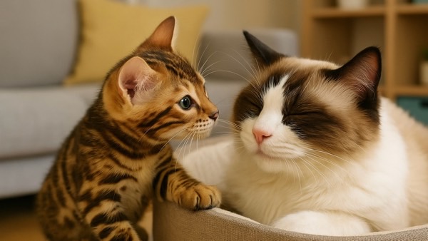 年上の猫のそばで様子をうかがいながら、適切な距離を保つ子猫の姿