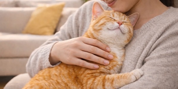 飼い主に抱かれ、目を細めて気持ちよさそうに甘える茶トラ猫