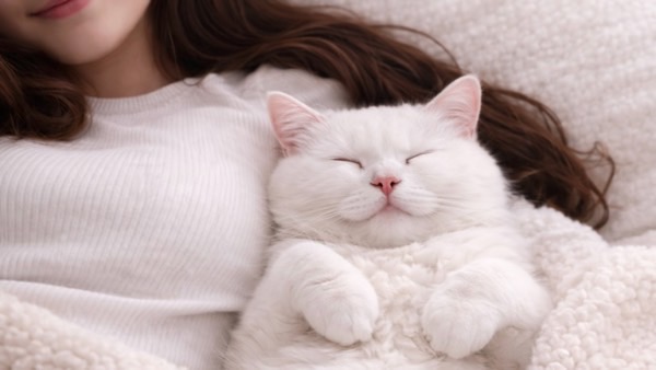 飼い主の胸元で仰向けになり完全に身を委ねて眠る白猫