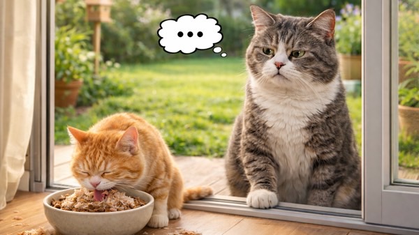 親分格の猫を気にしつつも、好物のごはんにつられて先に食べ始める子分気質の猫の様子