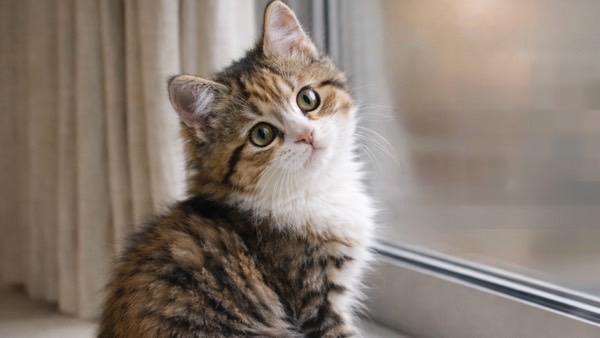 窓辺で首をかしげながら部屋の飼い主を見つめる可愛い子猫