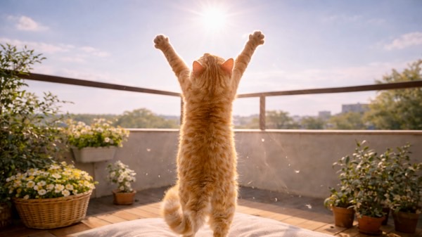 初夏のベランダで太陽に向かって大きく背伸びをする茶トラ猫