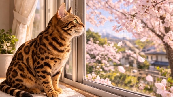 窓辺から桜の咲く外の景色を眺めるベンガル猫の横顔