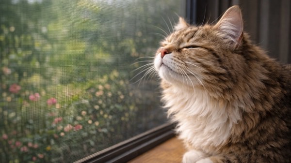 網戸越しに外の風を感じながら目を細める茶トラ猫