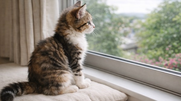 窓辺に座り外の景色を静かに眺めている三毛猫
