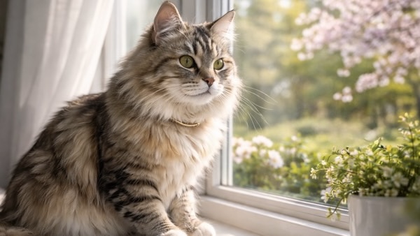 春の窓辺で外の景色をじっと見つめる長毛のキジ猫