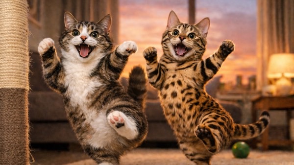 部屋の中でテンション上がって、元気よく遊びながら飛び跳ねる二匹の猫