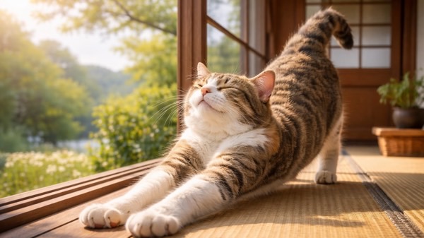 一軒家の縁側で気持ちよさそうに背伸びをするキジ白猫と初夏の光