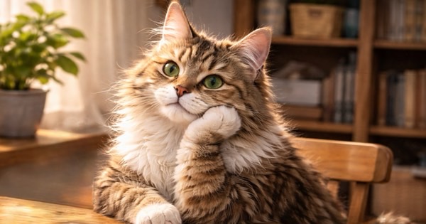 テーブルで頬杖をつきながら何かを考えている猫の落ち着いた表情