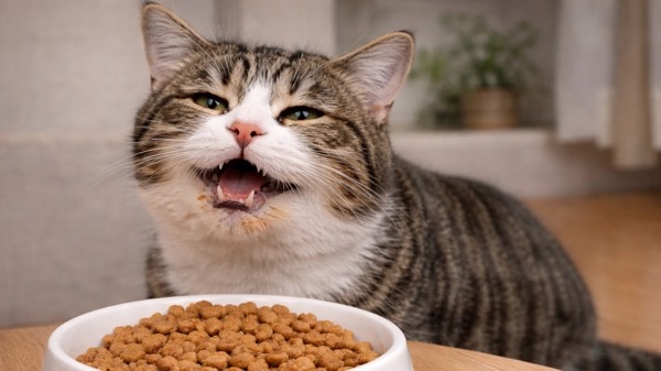 カリカリを美味しそうに食べる猫 口元に食べカスがついている状態