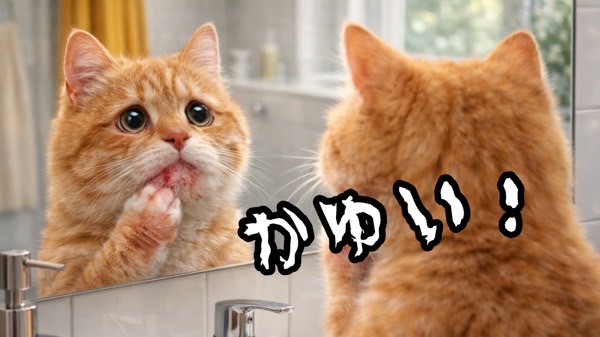 顎ニキビが気になり鏡を見て不安そうな表情をする茶トラ猫
