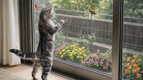窓の外の鳥に気づき立ち上がって興味津々で見つめる猫