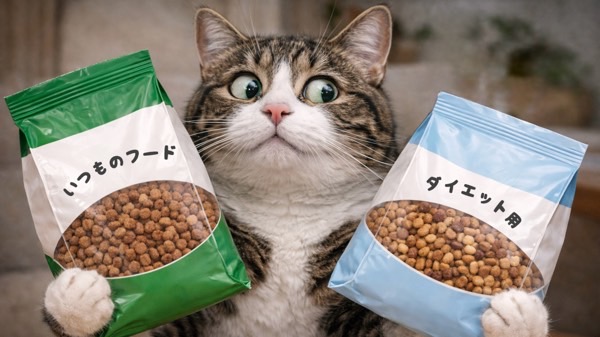 フード選びに迷う猫 通常フードとダイエット用フードを見比べる様子