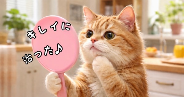 顎を気にしながら手鏡で確認する猫 ケア後の様子