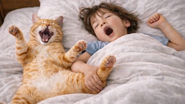 飼い主の隣で大あくびをしながら一緒に寝ている茶トラ猫