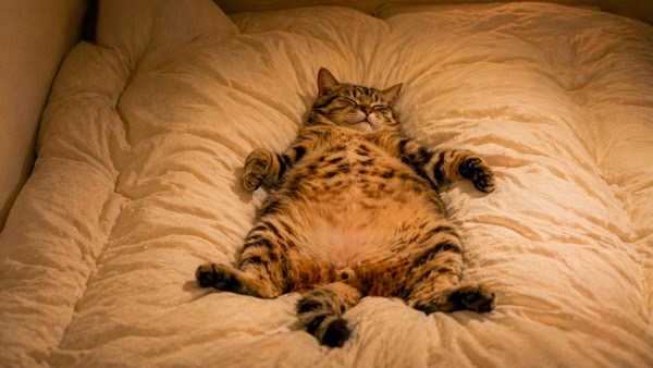 布団のど真ん中でお腹を出して無防備に寝る猫の姿