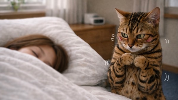 前足を揃えて遠慮がちにモジモジしながら布団の横で待つ猫の可愛い仕草