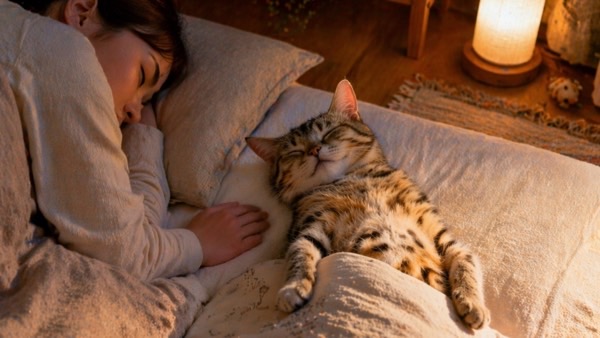 飼い主の隣で布団の上に寝転び安心した表情で眠る猫