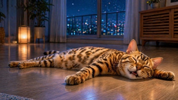 夜のリビングの床で体を伸ばしてぐっすり眠るベンガル猫