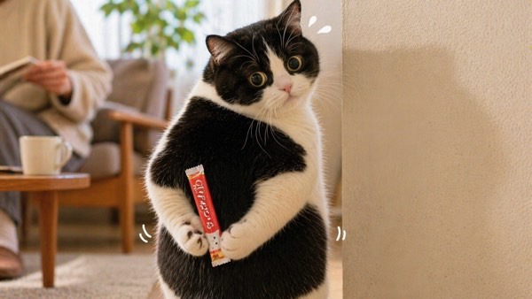 おやつを背に持って隠そうとするぽっちゃり猫