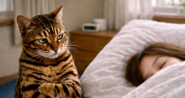 腕を組んで少し考えるような表情で飼い主を見ている猫