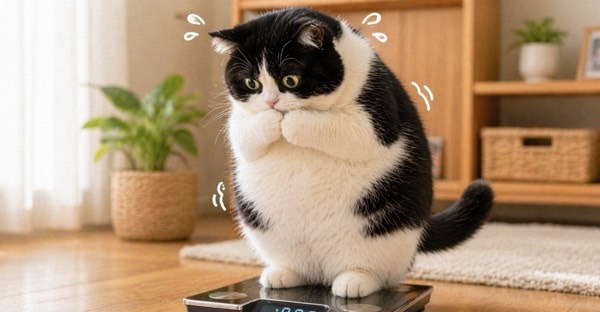 体重計に乗って驚いた様子のぽっちゃり猫