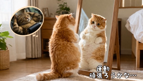 鏡の前で自分の体型を気にするぽっちゃり猫