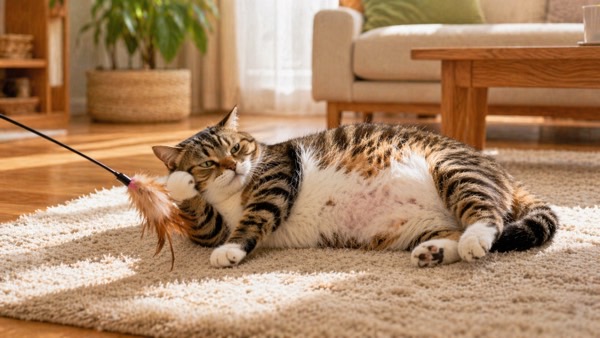 寝転びながらおもちゃに反応せず、無視するぽっちゃり猫