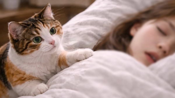 眠っている飼い主の肩を前足でトントンして起こそうとする三毛猫