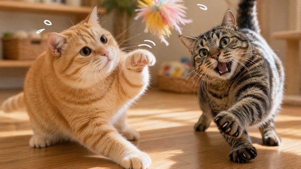 猫じゃらしで楽しそうに遊ぶ2匹の猫