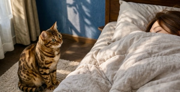 布団の横で座りながら飼い主の様子をじっと見ている猫