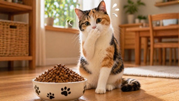 ごはんを前に食欲がなく、少し迷っている三毛猫