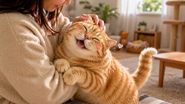 飼い主に甘えて幸せそうな表情の茶トラ猫