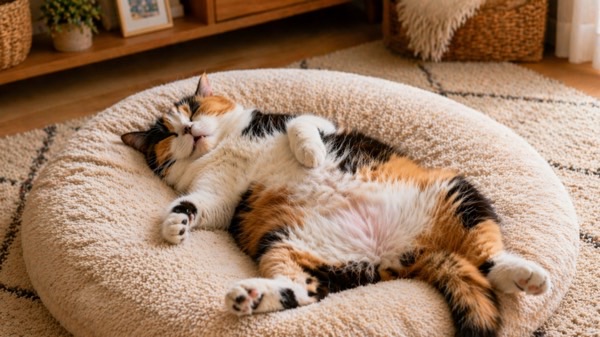 クッションの上でお腹を見せてリラックスしながら眠る三毛猫