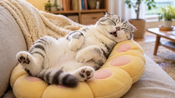 クッションの上で仰向けになり気持ちよさそうに寝る猫