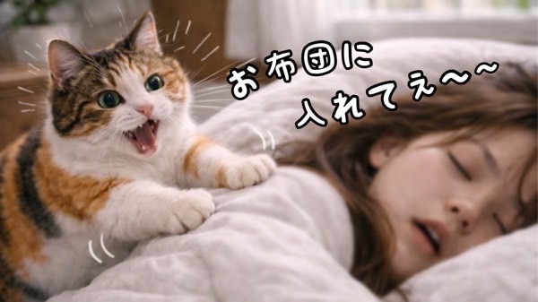 眠っている飼い主を起こそうと必死に鳴いている三毛猫