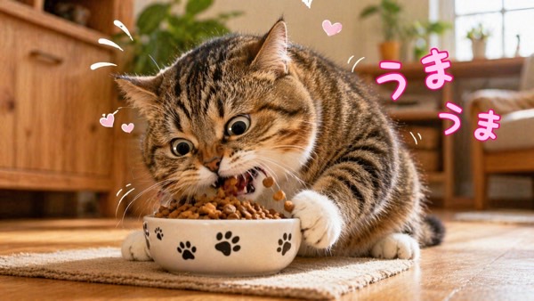 ごはんを夢中で食べる丸顔の猫