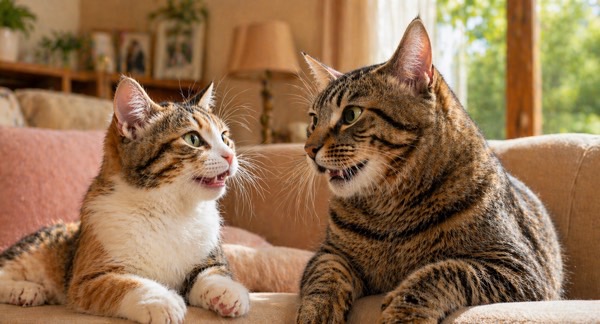 仲良く向き合いながら鳴き合う2匹の猫　オスとメスの性格の違いをイメージしたシーン