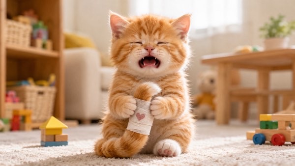 子猫が尻尾を抱えて痛そうに鳴いている様子