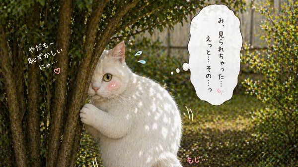 木の陰に隠れて恥ずかしそうにする白猫　排泄中の無防備さと警戒心のイメージ