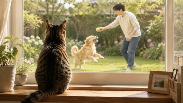 庭で遊ぶ犬と飼い主を窓辺から眺める猫の後ろ姿