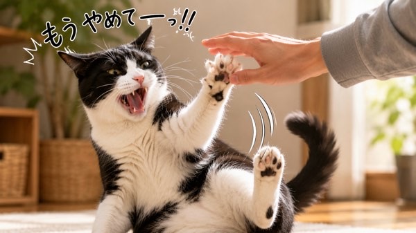 撫でられすぎて前足で制止しようとするハチワレ猫